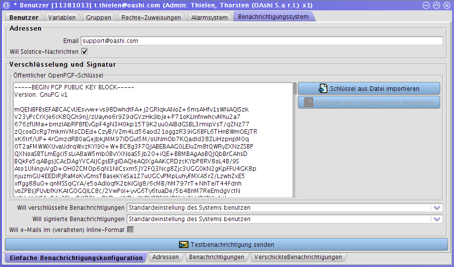 Konfiguration der Benachrichtigungsadressen und OpenPGP-Einstellungen.