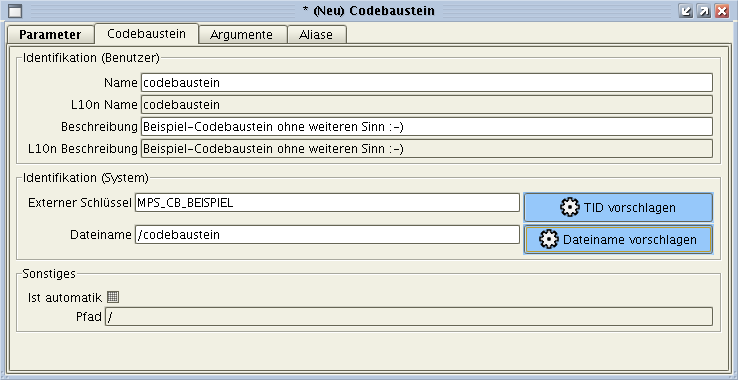 Reiter des vorgebautenCodebaustein-Formulars mit Angaben u.A. zum Namen.