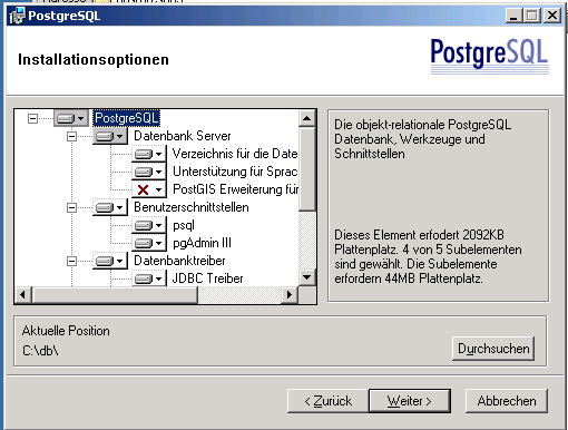 admin postgres dialog installationsoptionen